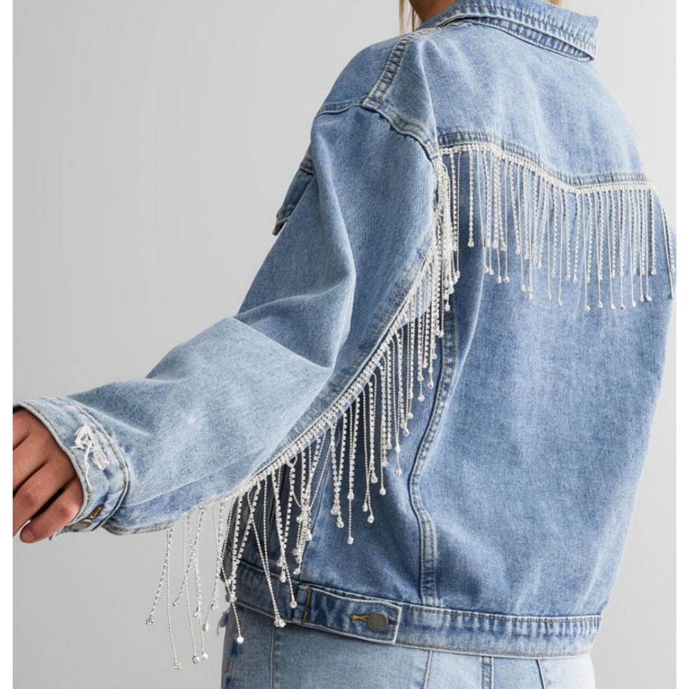 . Vervet Distressed Rhinestone Fringe Long Sleeve Denim Jacket